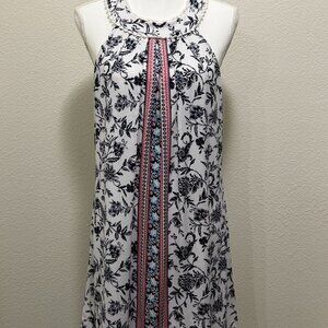 Three Pink Hearts sleeveless sheath dress, lined, white blue floral, size Med